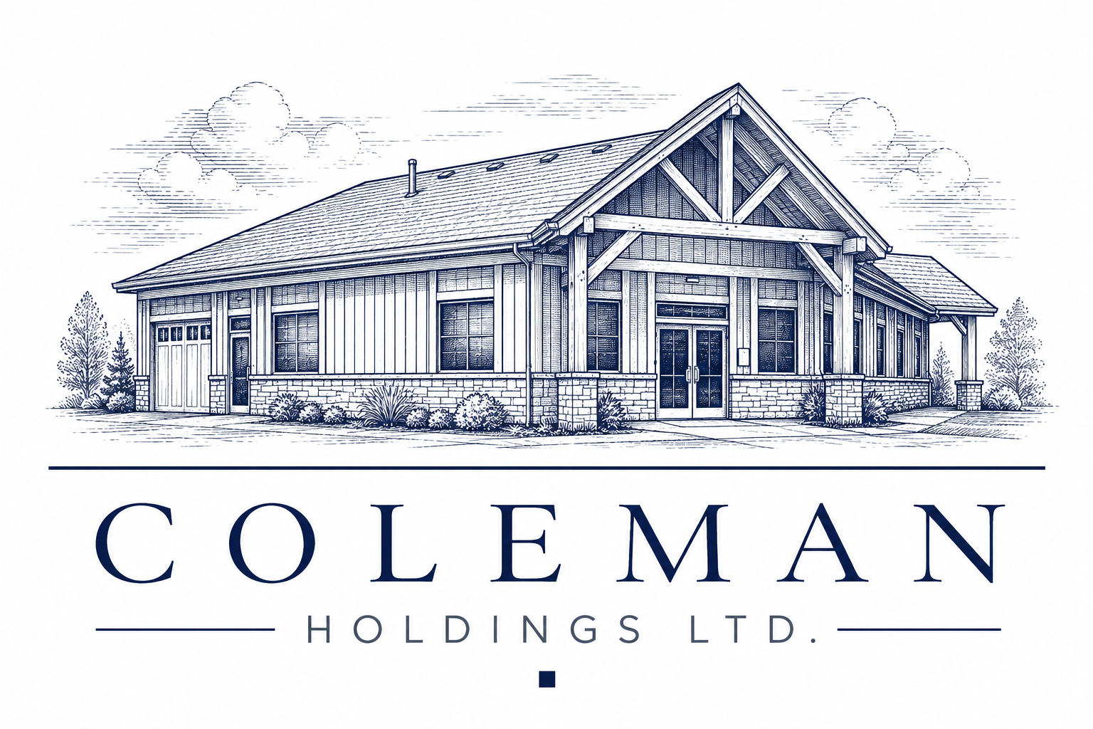 Engraved navy illustration of the Coleman Holdings building and wordmark
